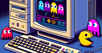 retro image of a computer with Pac-Man images