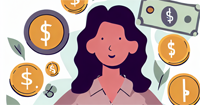 Cartoon woman surrounded by financial symbols