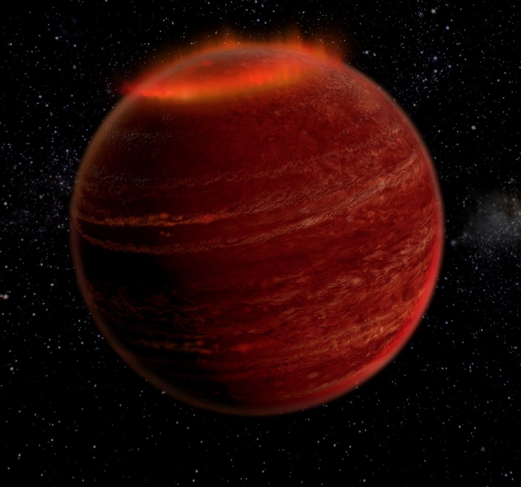 An artist's concept of brilliant auroras on the brown dwarf LSR J1835+3259, a misfit failed star about 18.5 light-years from Earth. The auroras are the first ever detected beyond our own solar system.  Credit: Chuck Carter and Gregg Hallinan/Caltech