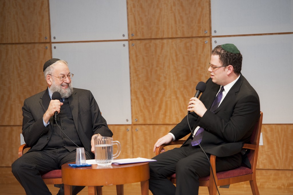 Dr. Lawrence Schiffman, left, and Dr. Alex Jassen discuss major themes in Outside the Bible. 