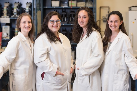 From left to right, recent Stern alumni who will pursue doctoral degrees in scientific research fields: Adina Wakschlag, Nili Greenberg, Adi Berman and Maya Tsarfati. Not pictured: Ayala Carl. 