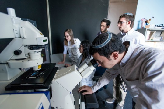 Students in the lab of Dr. Josefa Steinhauer (second from left) use the confocal microscope to