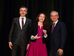 Photo by © AACR/Todd Buchanan 2016. Caption: The award is presented to Dr. Marina Holz by Dr. José Baselga, Immediate Past President of the AACR, and Dr. Karl Ziegelbauer, Senior Vice President and Head, Therapeutic Research Groups of Bayer. 
