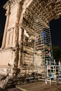 Studying the Arch of Titus Menorah Panel (photo courtesy of the Arch of Titus Digital Restoration Project)