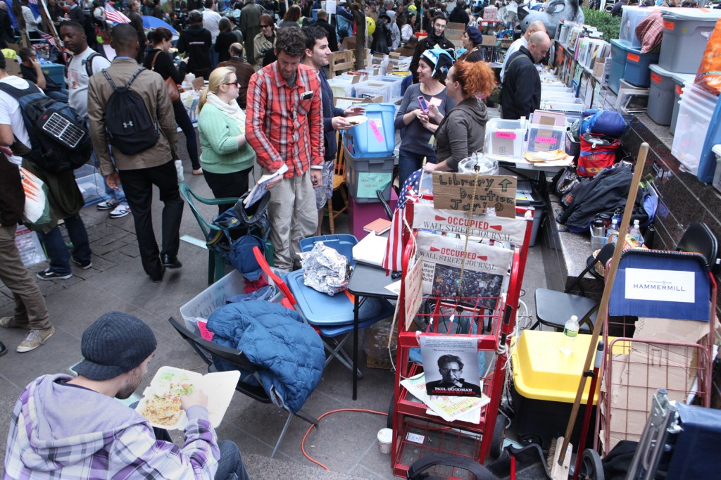Occupy Wall Street organizers set up a makeshift library at Zuccotti Park.
