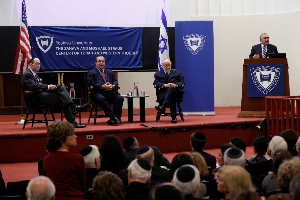 President Richard M. Joel, right, introduces Straus Center conversation with Rabbi Dr. Meir Soloveichik, Supreme Court Justice Antonin Scalia and Nathan Lewin