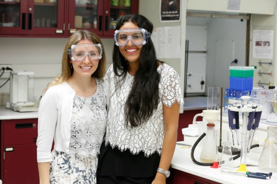 Stern students and Chemistry Club board members Jordana Gross, left, and Michelle Shakib