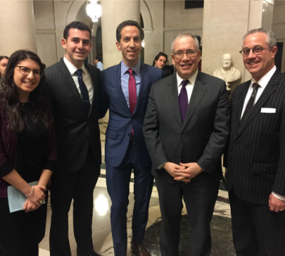 Left to right: YU students Hudy Rosenberg and x with YU Assitant Vice President for Government Affairs Philip Goldfeder, NYC Comptroller Scott Stringer and YU General Counsel Avi Lauer