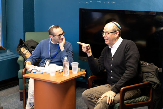 Dr. Daniel Rynhold (l) and Stephen Tobolowsky discuss faith with Honor's Program