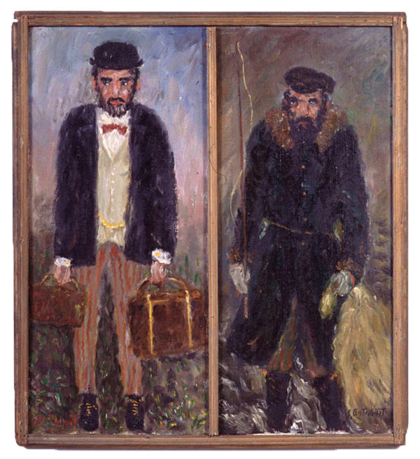 Two men side by side: left dressed in new world clothing, right dressed in old world clothing