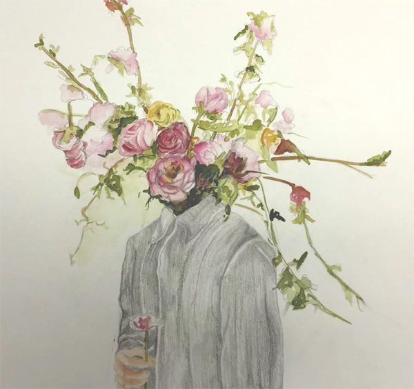 A person's head is replaced by a vibrant bouquet of flowers by Goldie Sion