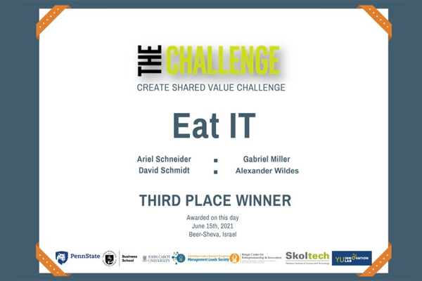Certificate showing third place showing for the app Eat IT.